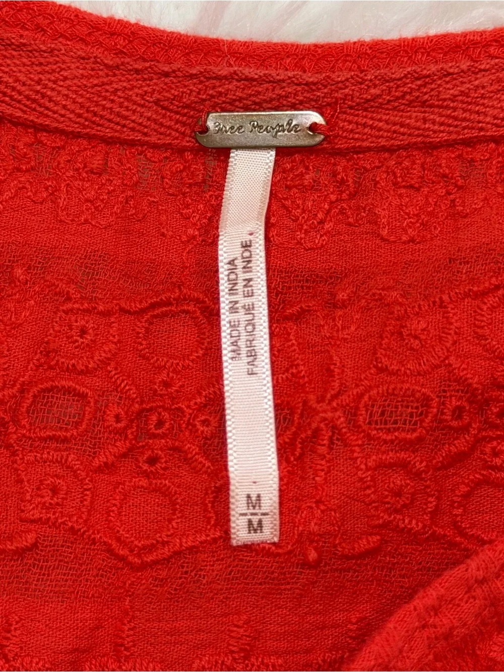 Free People Parisian Vermillion Top Embroidery Eyelet V-Neck Bell Sleeves